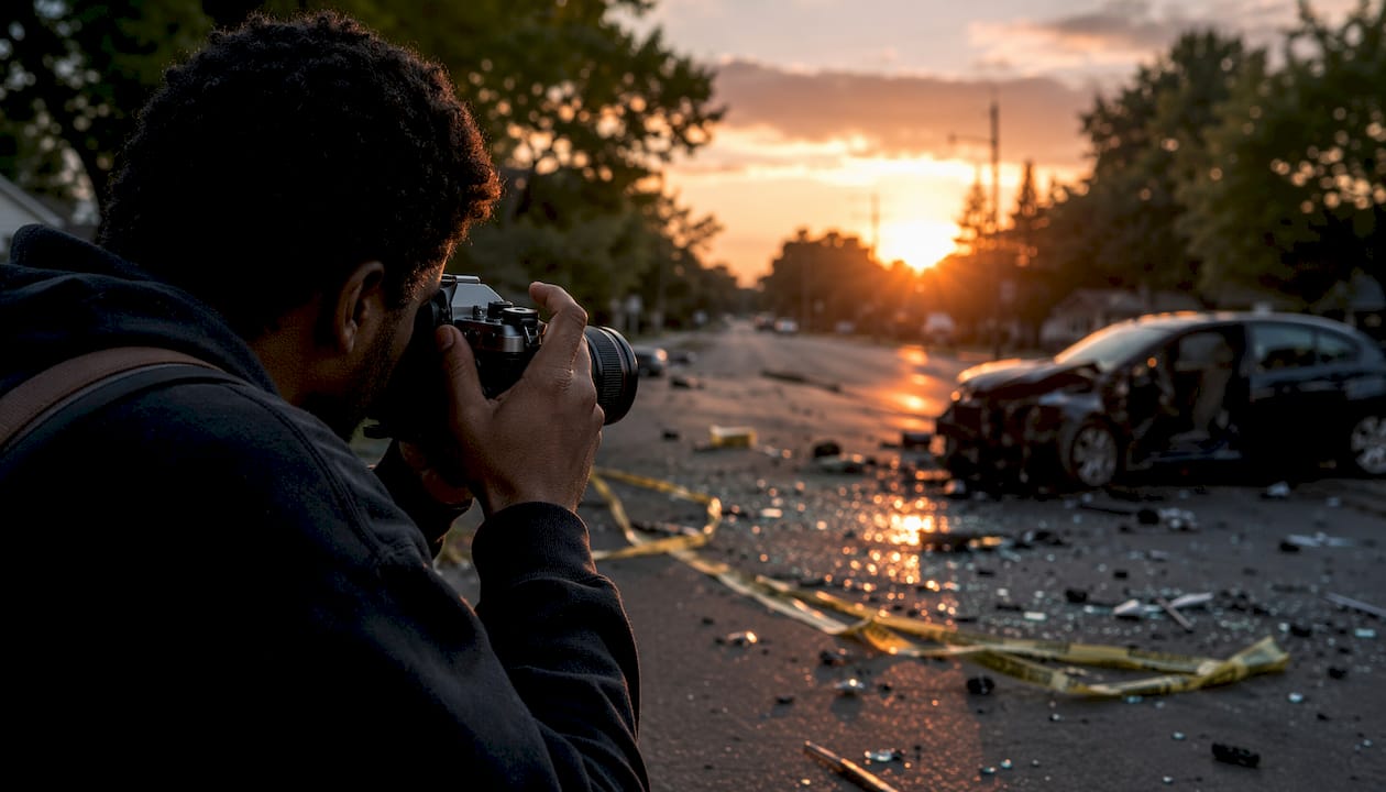Hands photographing car accident scene