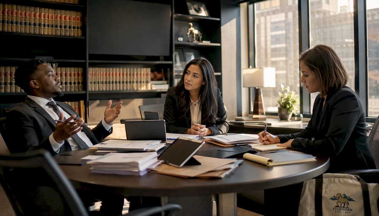 Diverse legal team preparing injury case
