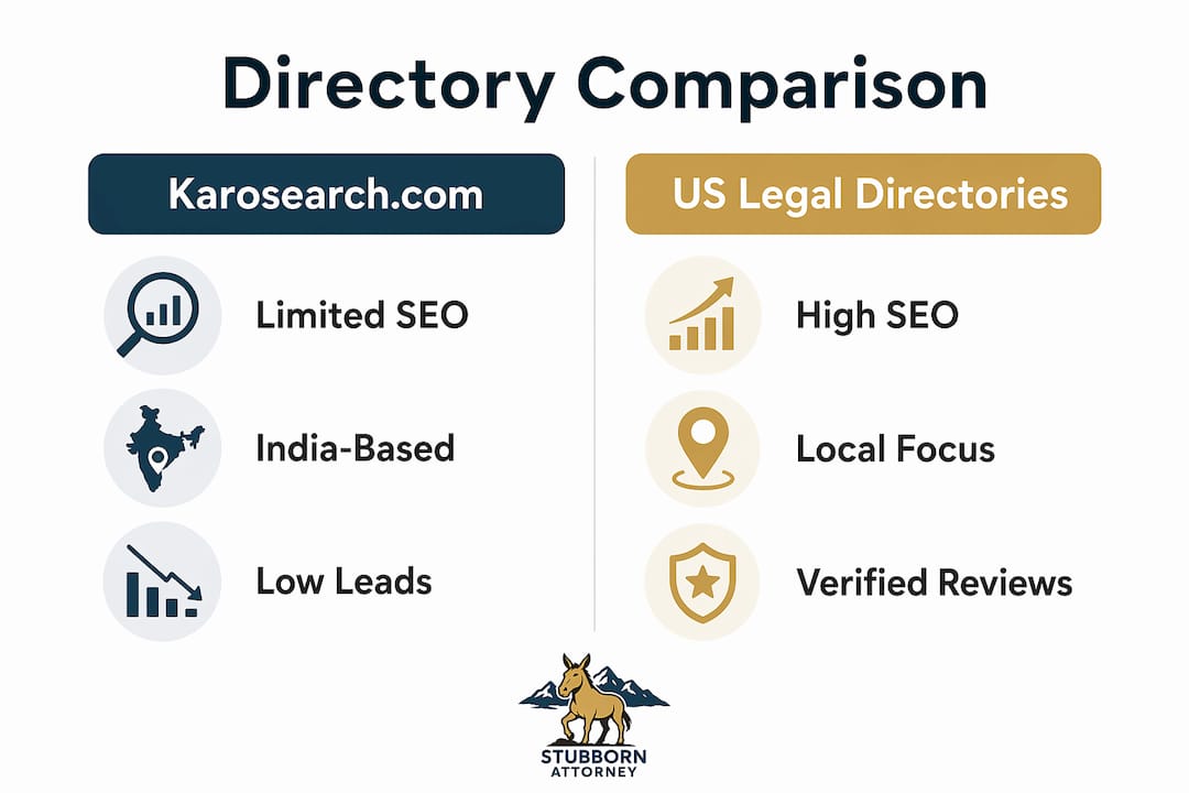 Infographic comparing Karosearch.com with US legal directories