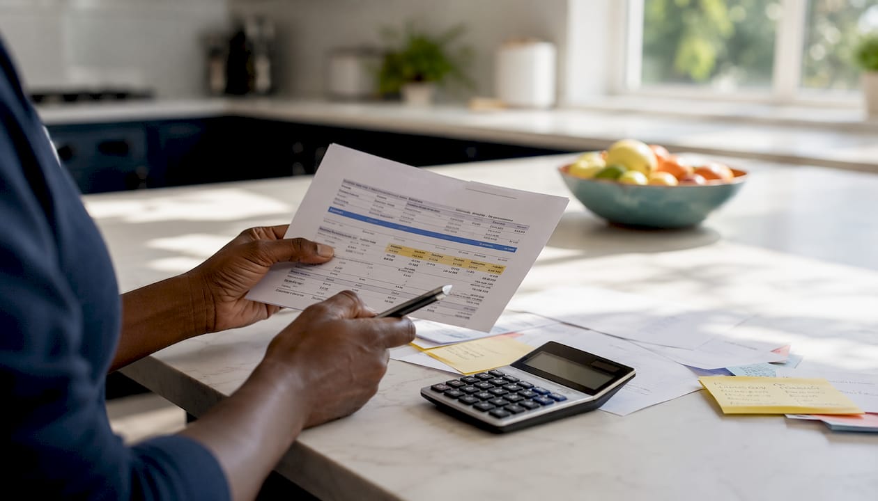 Hands examining injury claim payment details with calculator