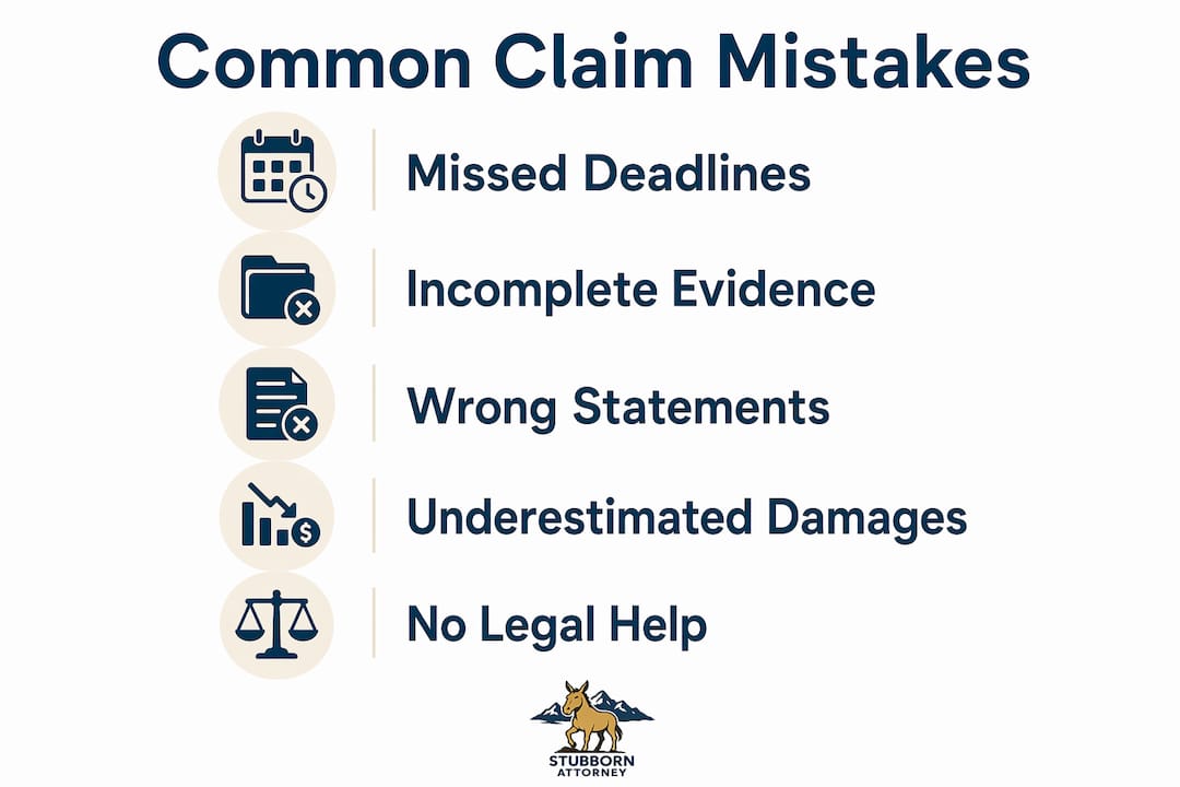 Infographic listing common injury claim mistakes in vertical steps