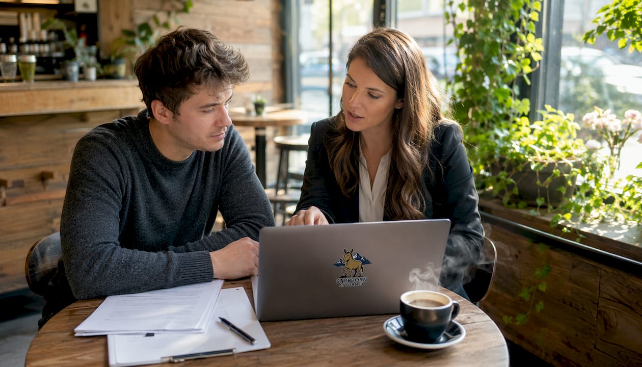 Lawyer and client reviewing timeline on tablet in lounge