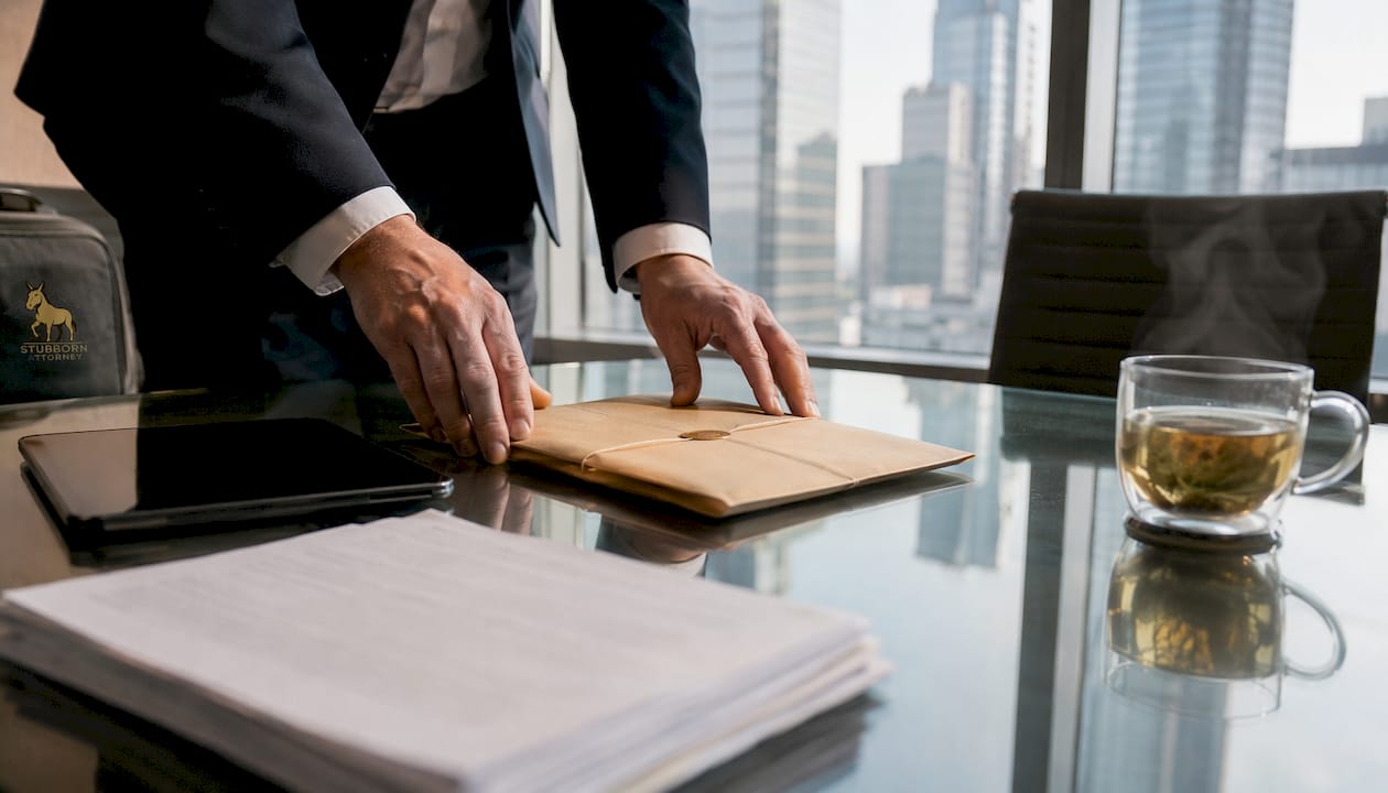Hands placing evidence envelope on desk