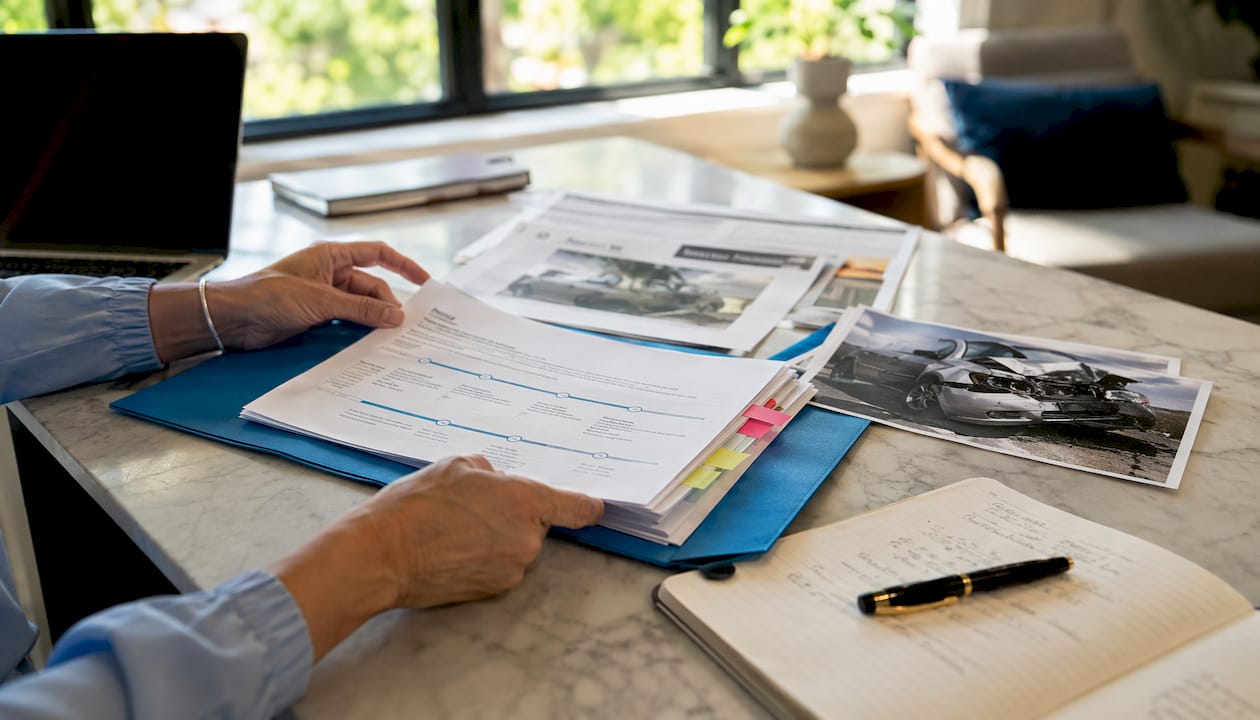 Hands organizing insurance claim evidence and documents