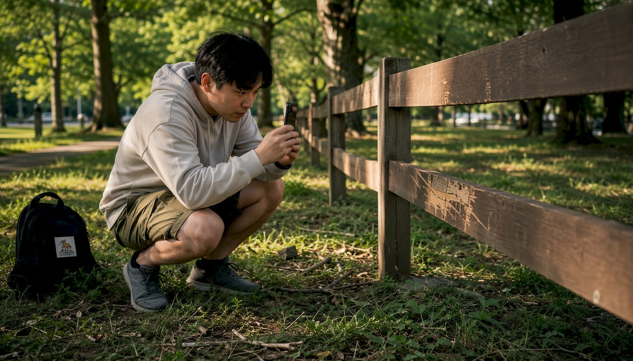 Man taking injury scene photos outdoors