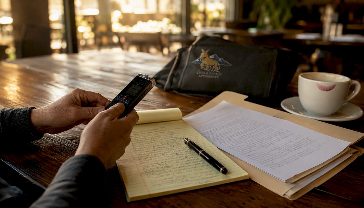 Overhead view of witness statement review setup