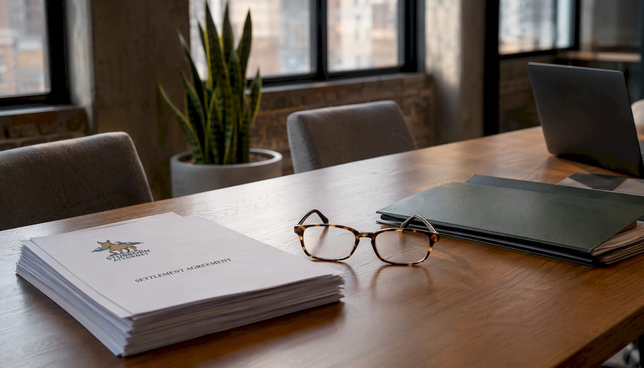 Empty consultation room with settlement agreements