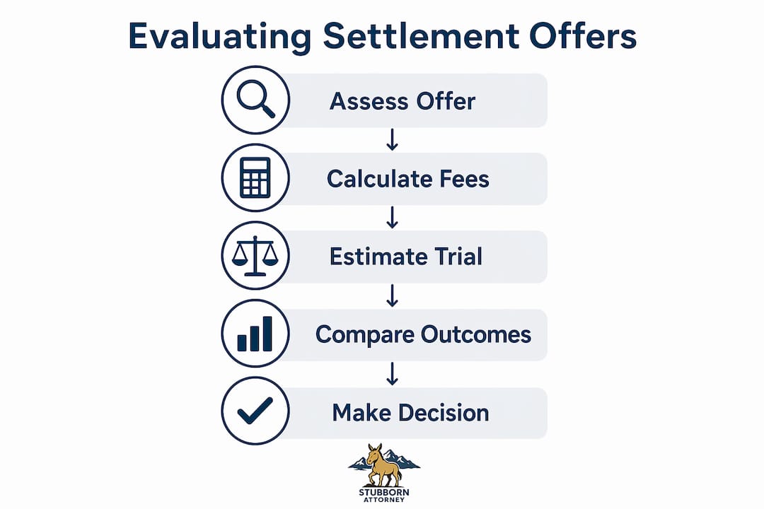 Infographic illustrating settlement offer evaluation steps