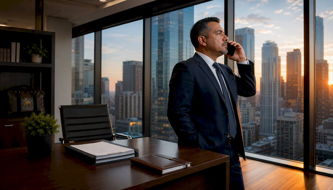 Lawyer speaking on phone in city office