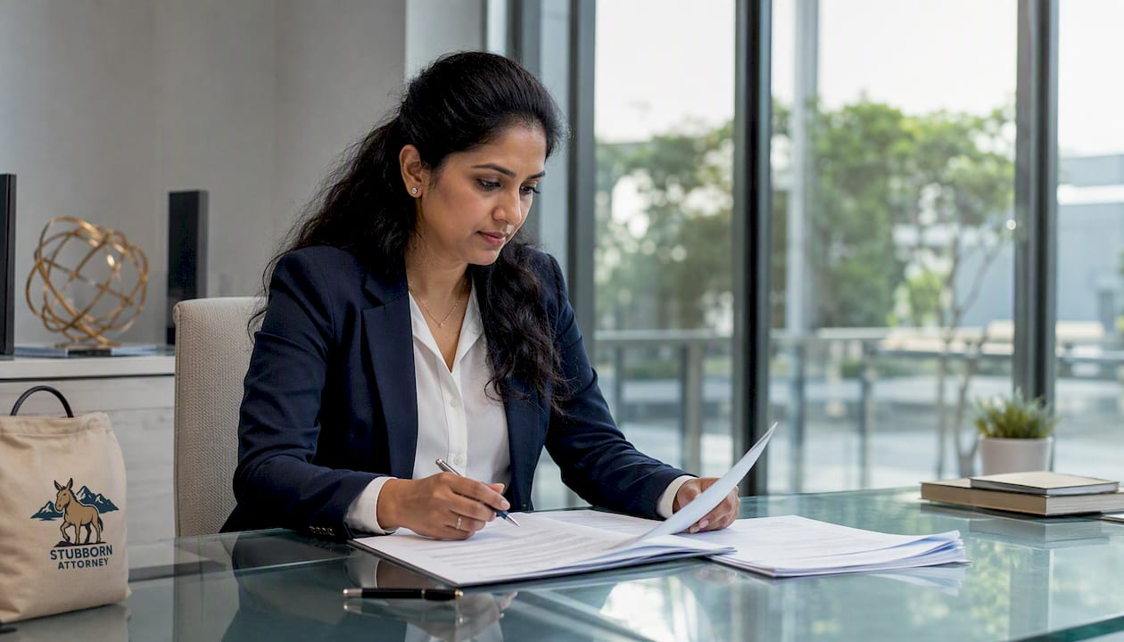 Hands reviewing legal fee documents