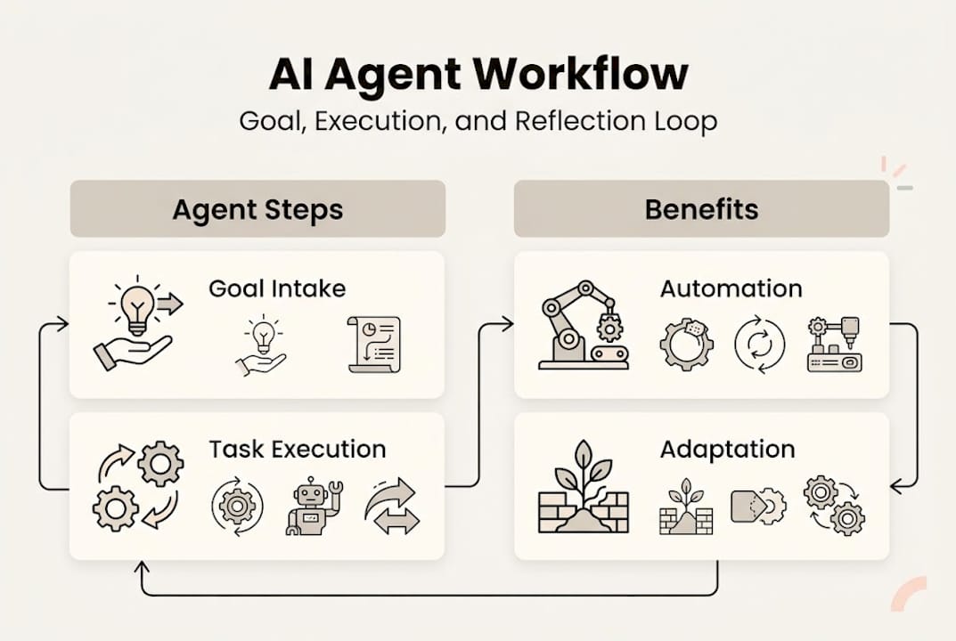 Infographic of AI agent workflow with steps and benefits