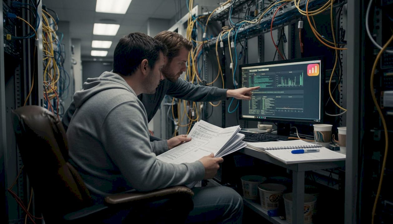 IT team responding to incident logs in server room
