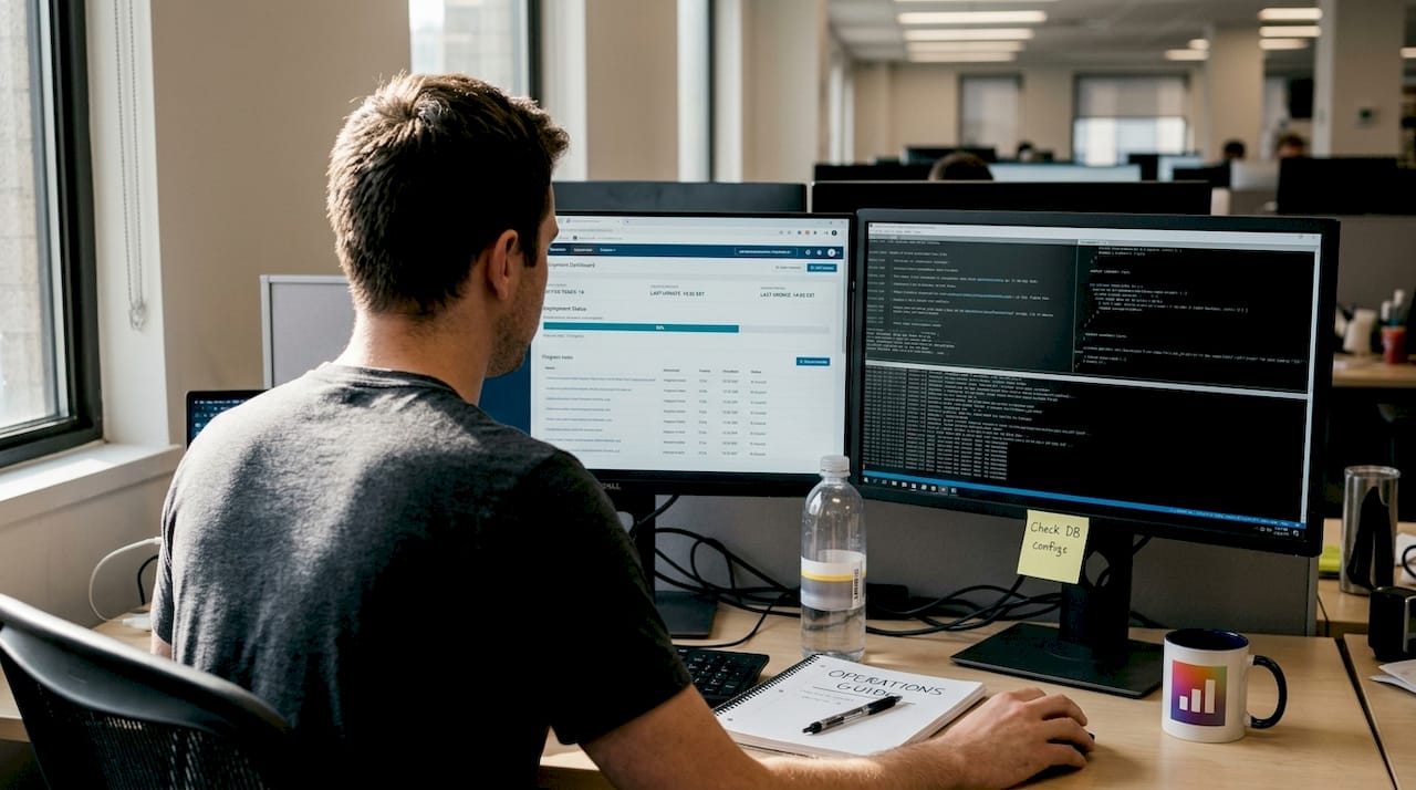 Engineer monitoring automated deployments on screen