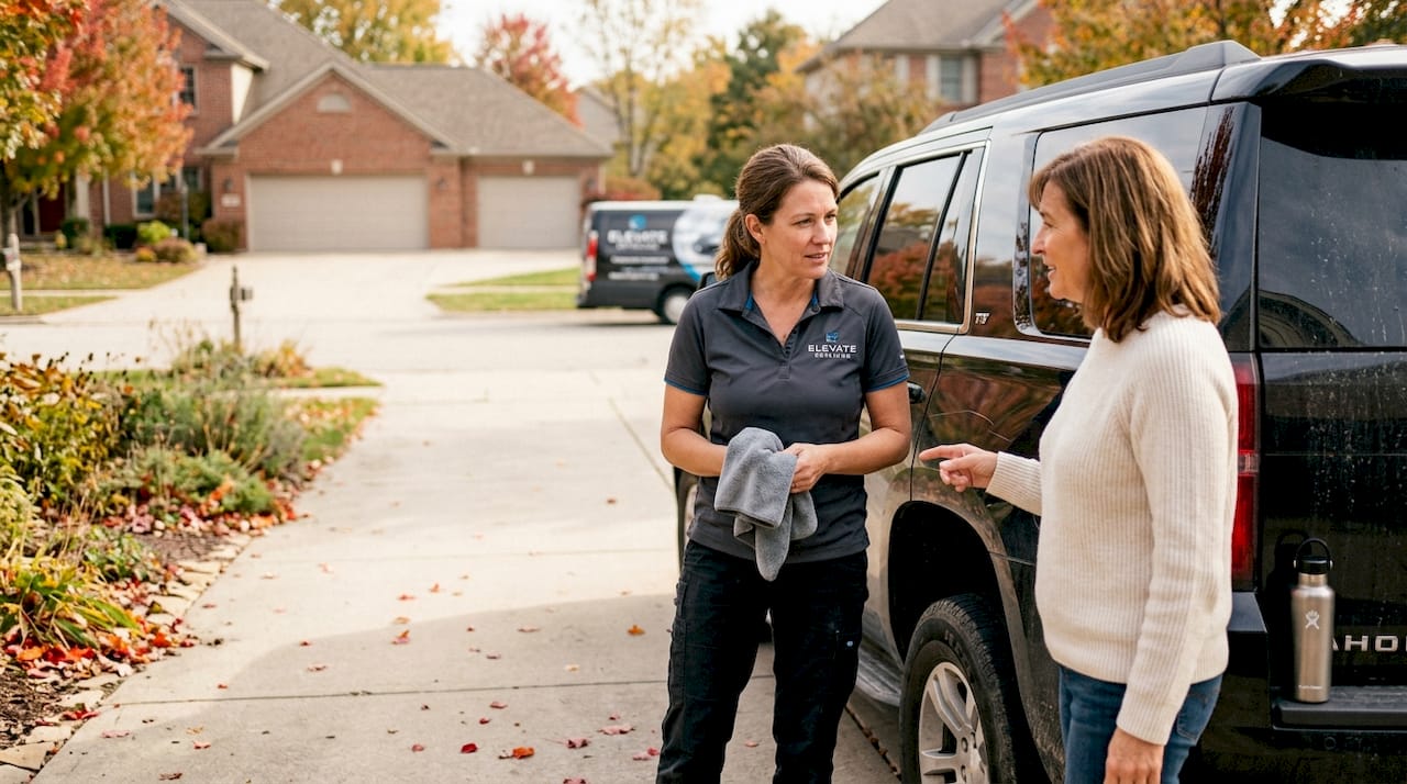 Car detailer consulting with vehicle owner