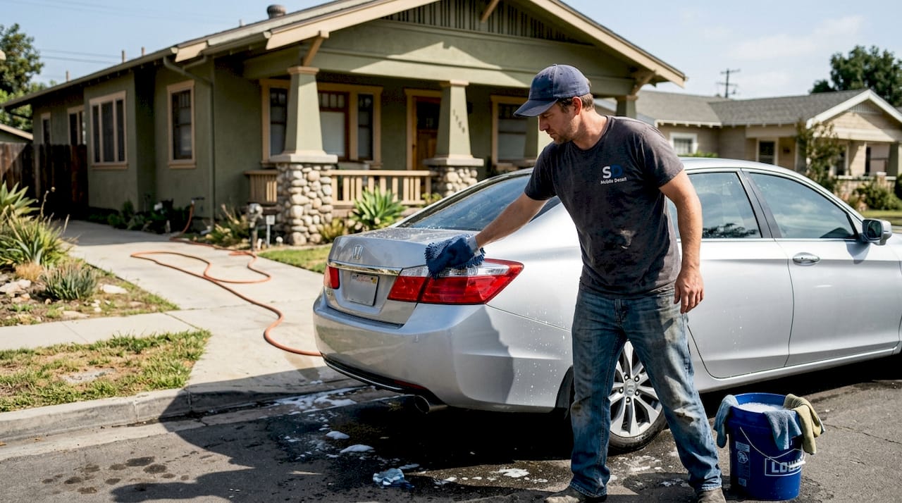 Car detailer working outside San Diego home