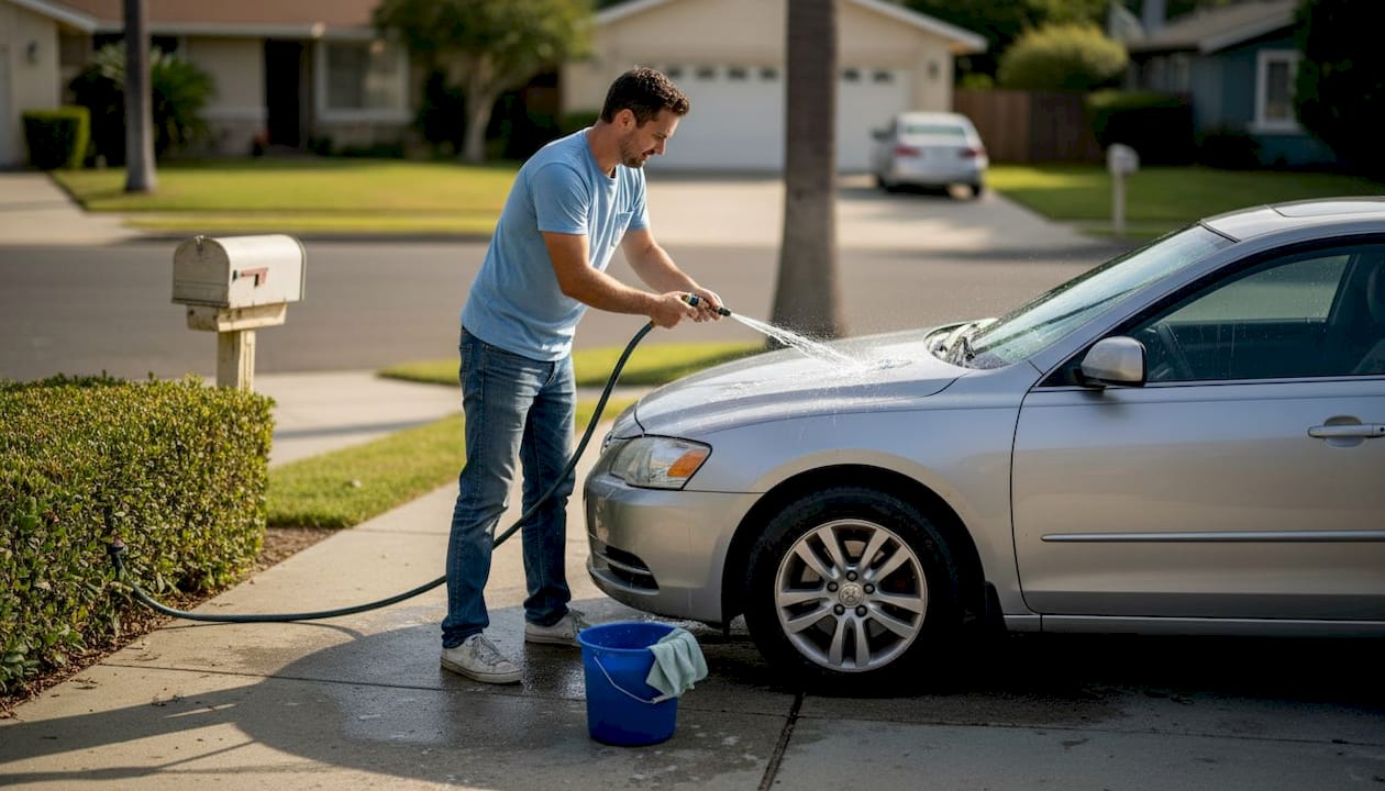 Man hand-washing car in driveway