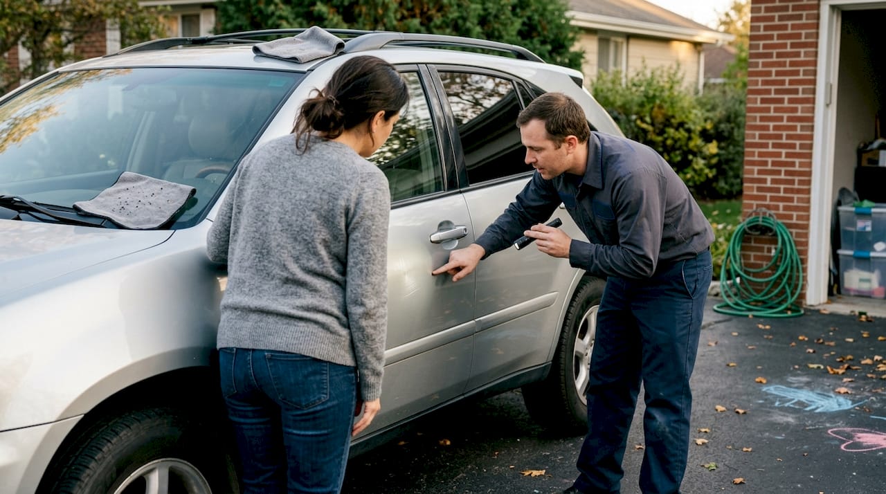 Owner and detailer inspecting car paint surface