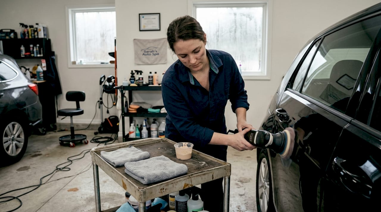 Detailer performing paint correction with polisher