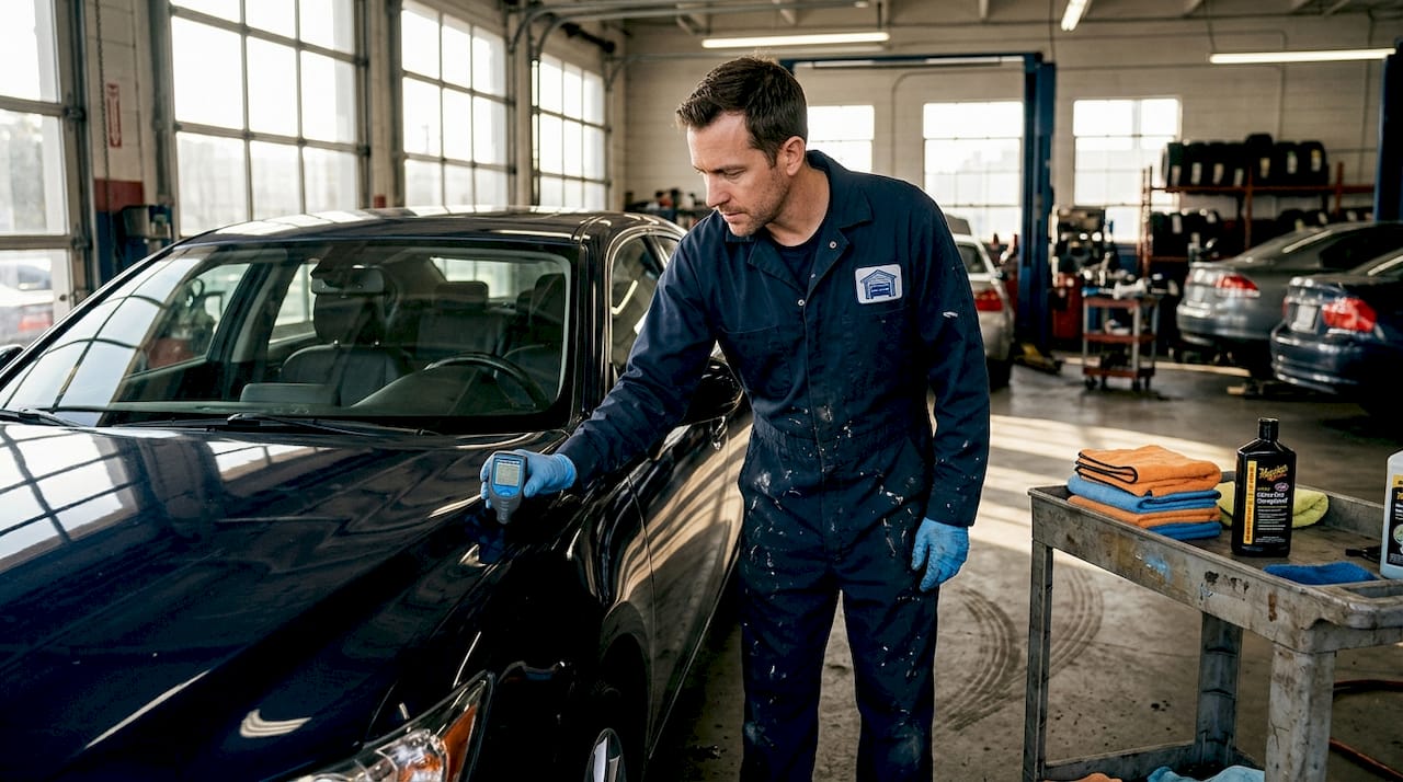 Detailer inspecting car paint in garage