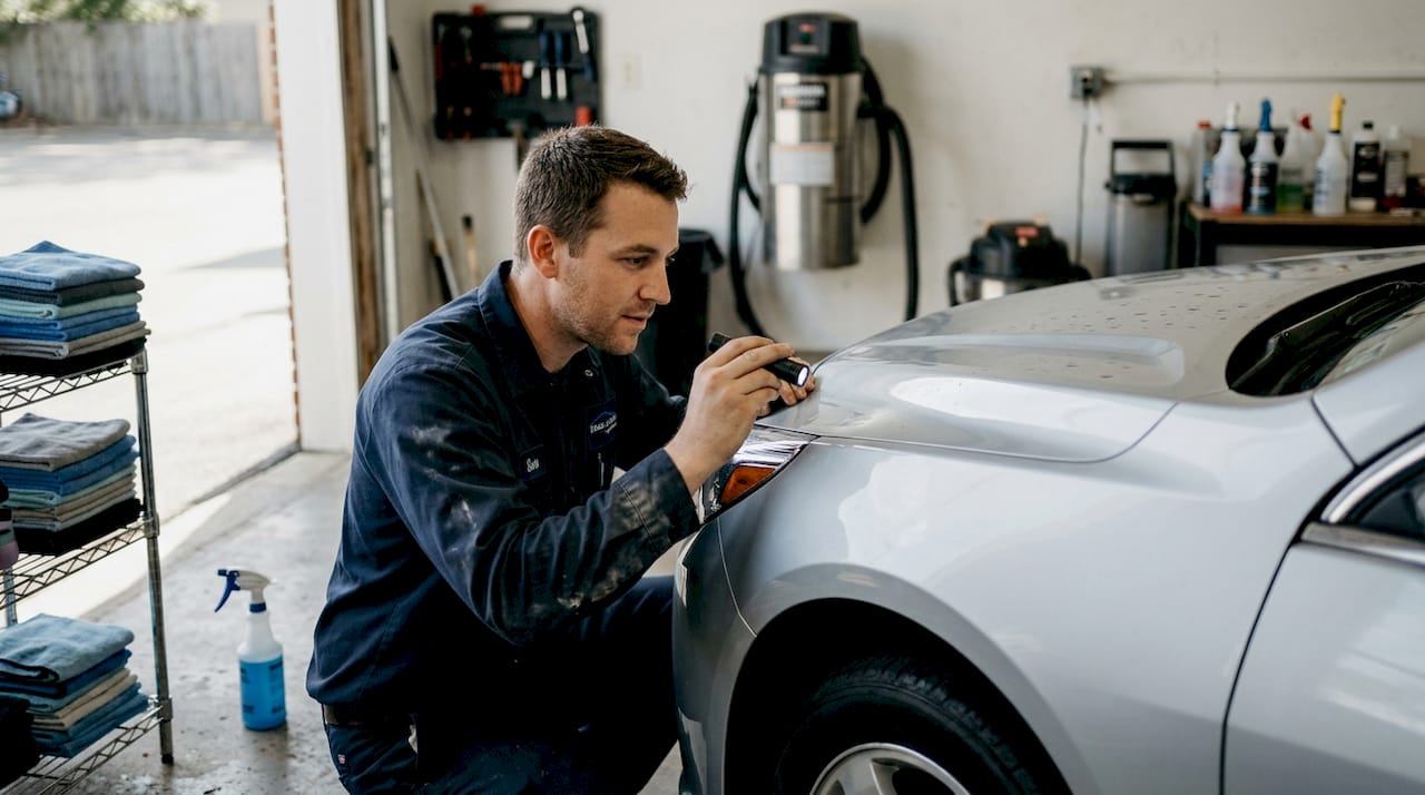 Auto detailer inspecting ceramic coating failure