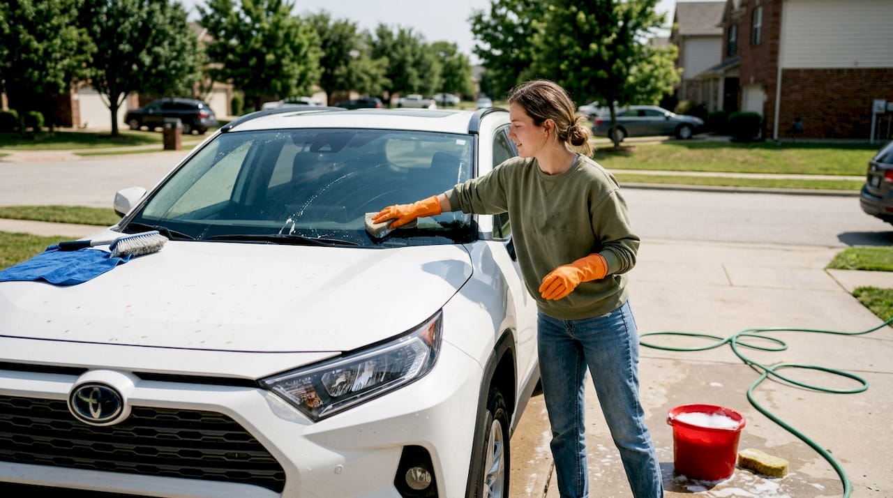 Person washing car, visible prep mistakes