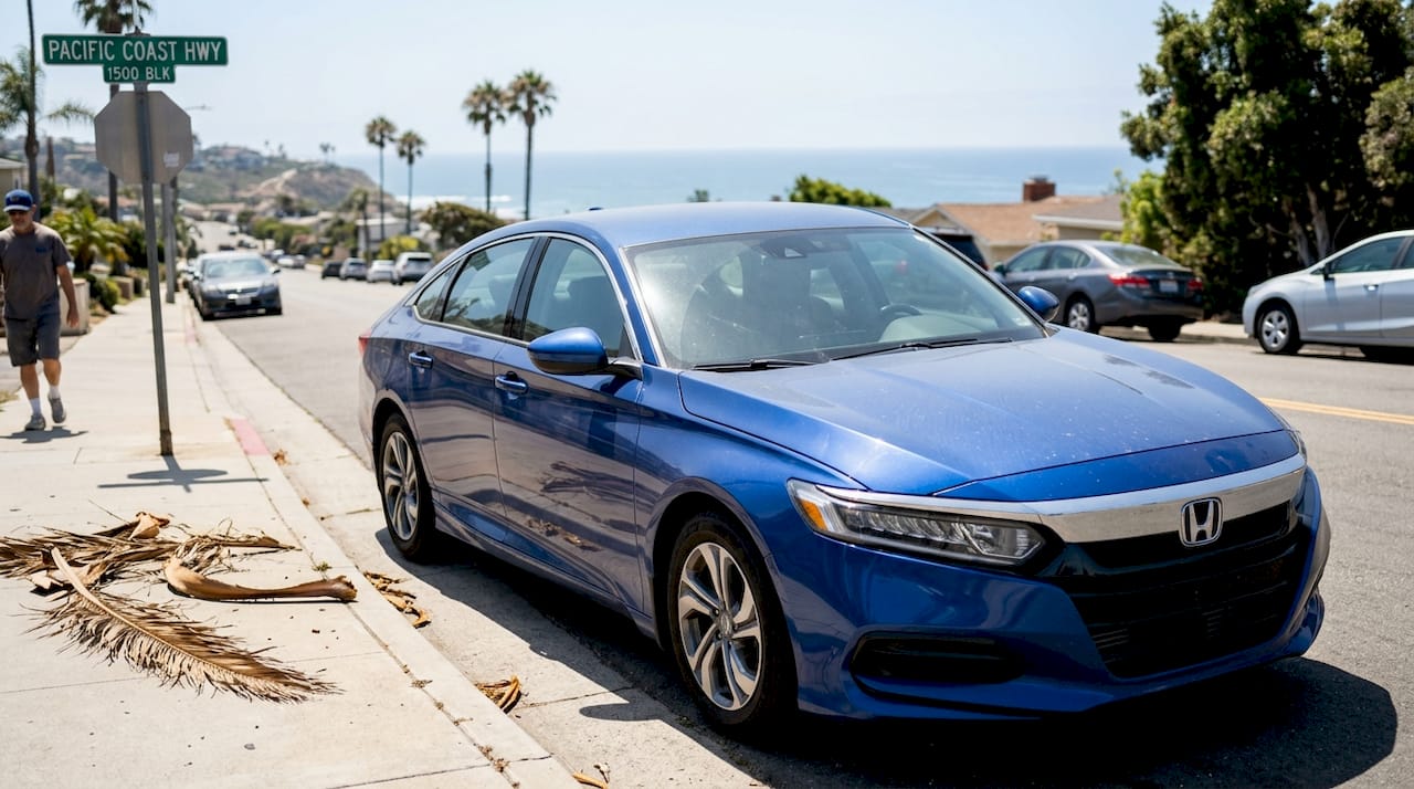 Car parked in bright San Diego sunlight
