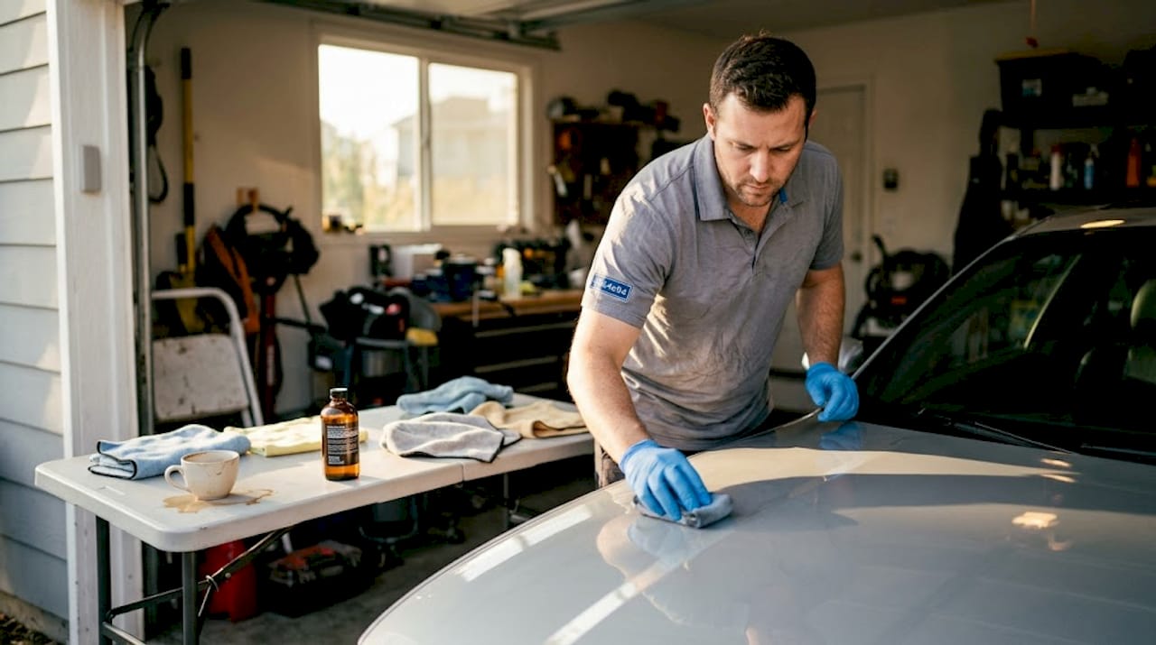 Detailer applying ceramic coating in garage