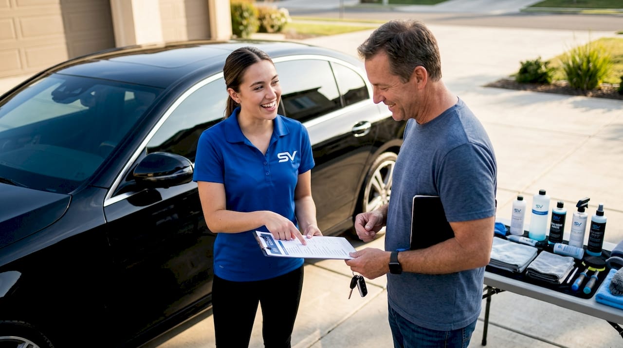 Auto detailer presenting checklist to customer