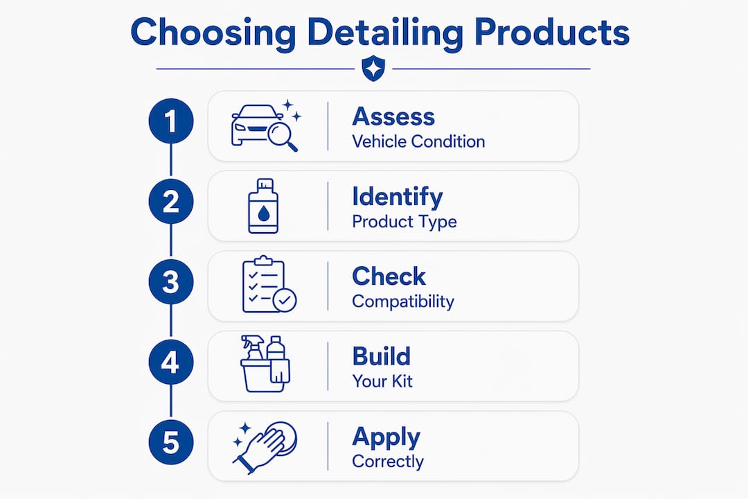 Infographic illustrating steps to choose car detailing products