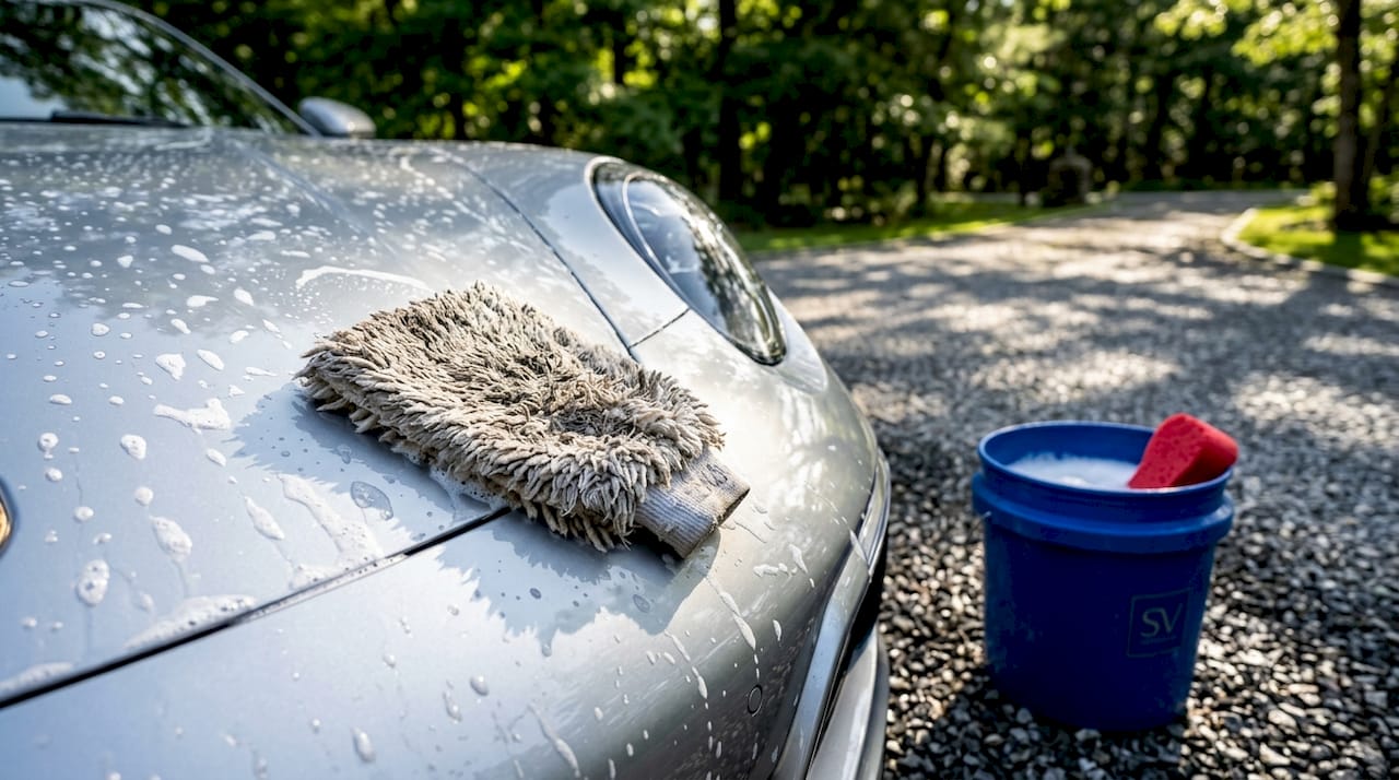 Close-up of microfiber wash mitt and bucket