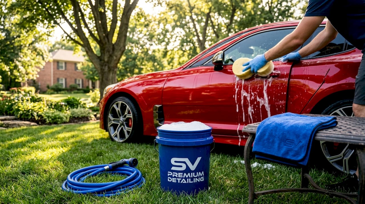Hands washing red car exterior with sponge and soap