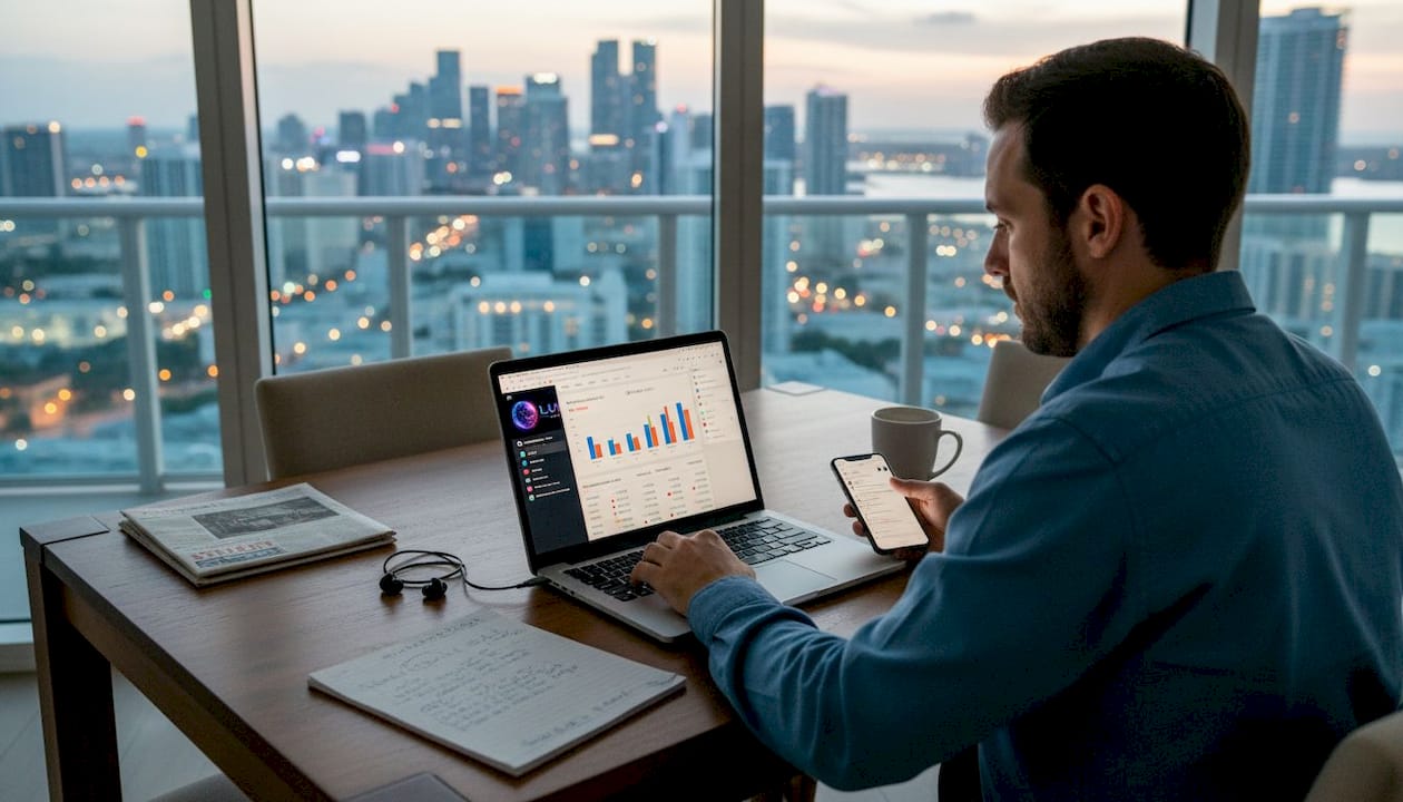 Man reviews digital ad results in Miami condo