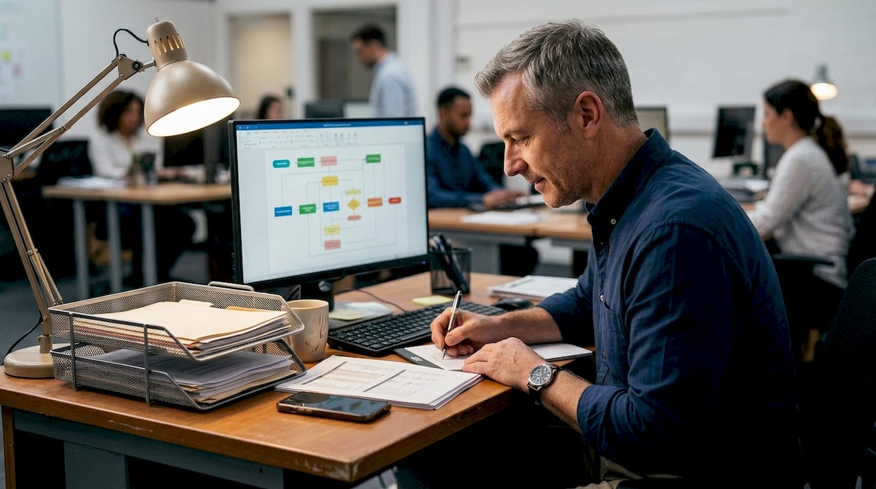 Manager reviewing AI workflow documentation