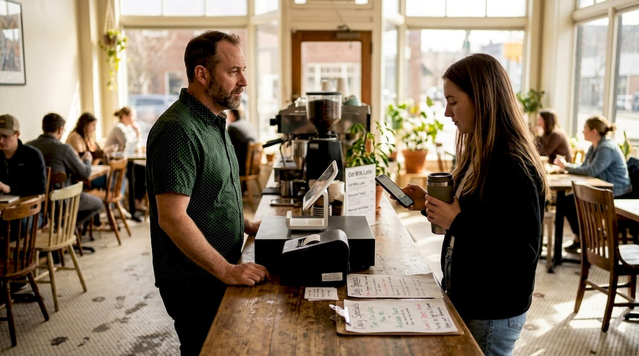 Coffee shop owner sees customer use phone