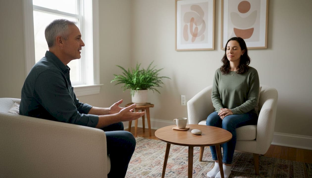 Therapist guides client through somatic session