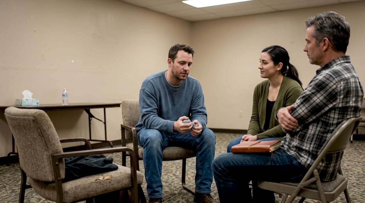 Support group talking in circle in community room