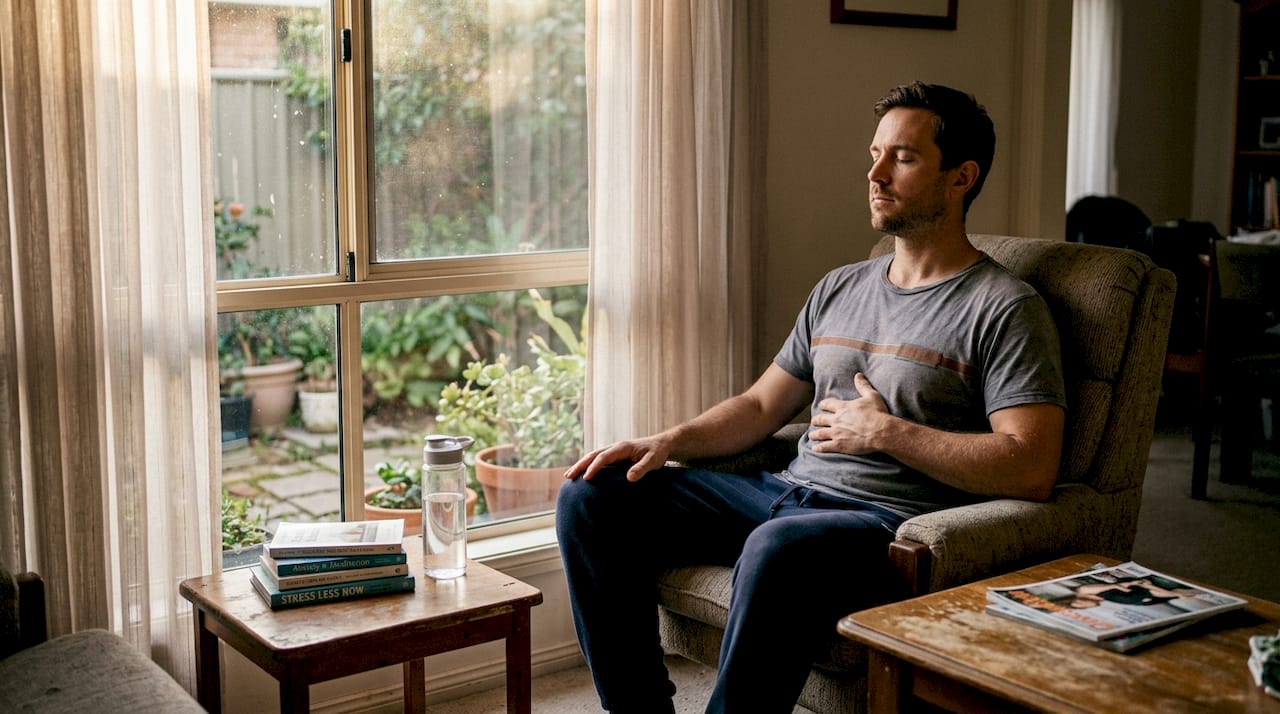 Man practicing deep breathing in living room