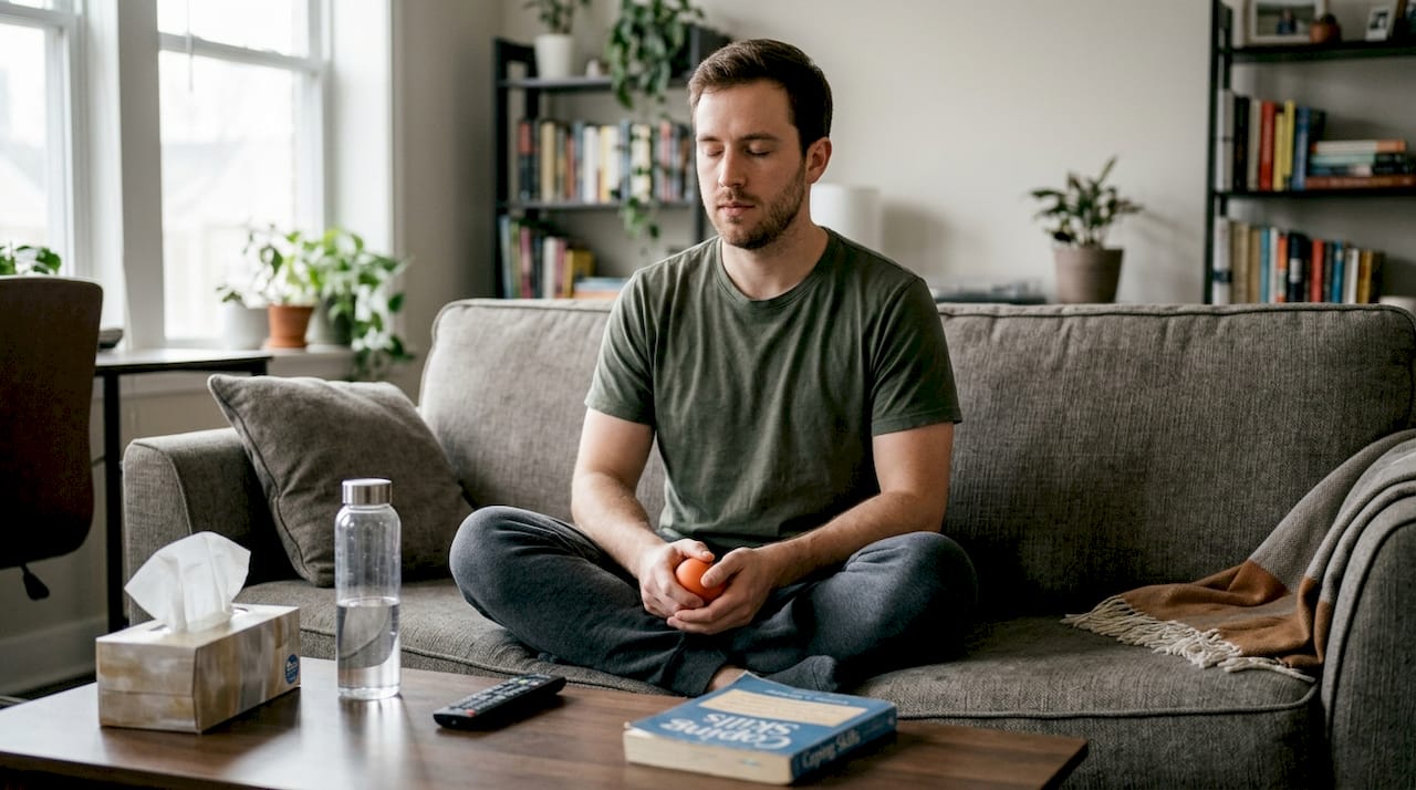 Man practices self-soothing in living room