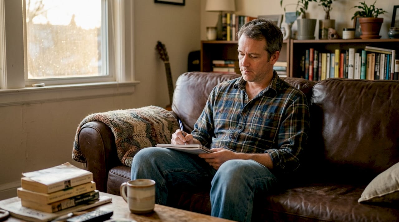 Man journaling quietly in cozy living room