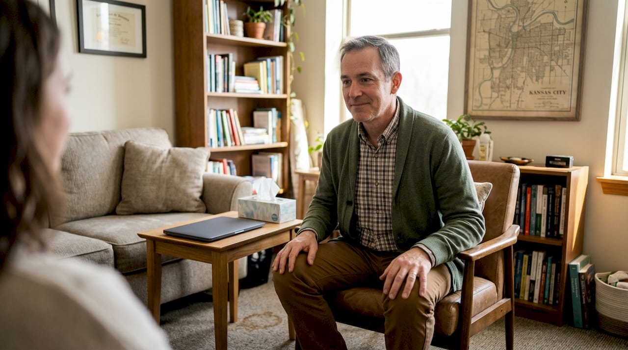 Counselor listening in calm therapy office