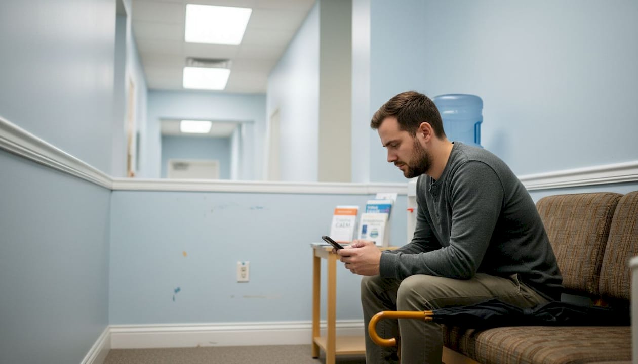 Man waiting anxiously in therapy hallway
