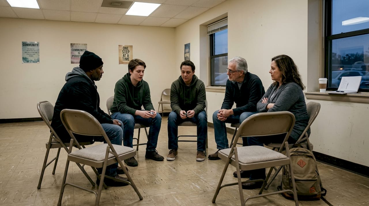 Support group sharing stories in community room