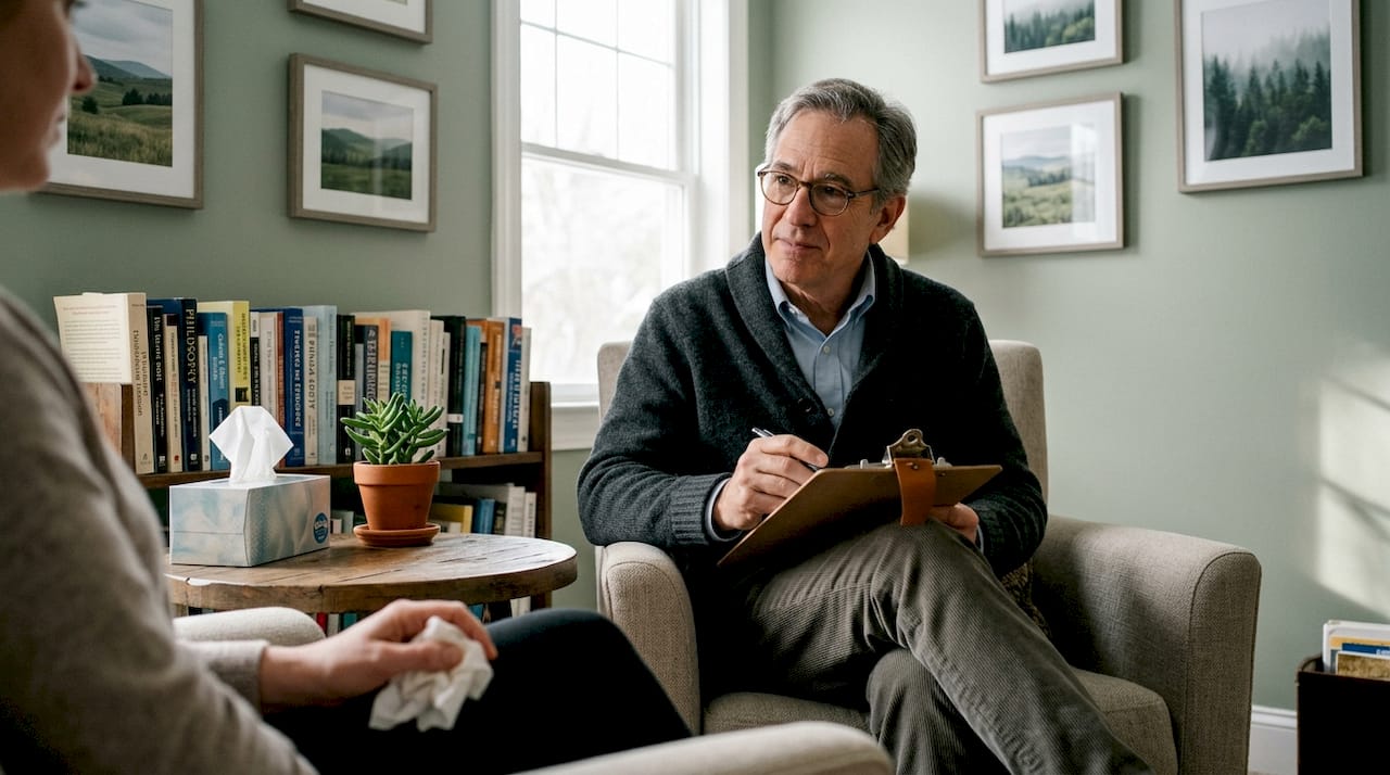 Therapist listening in private office during a session