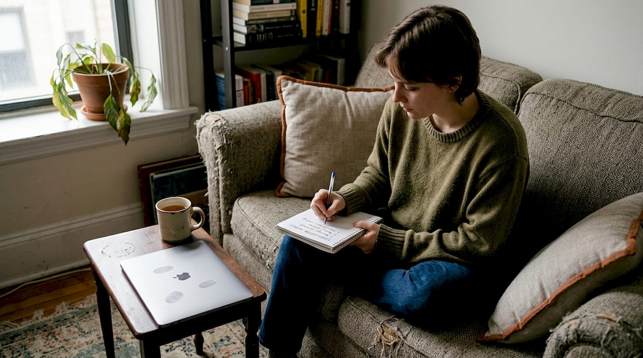 Person writing trauma healing goals at home