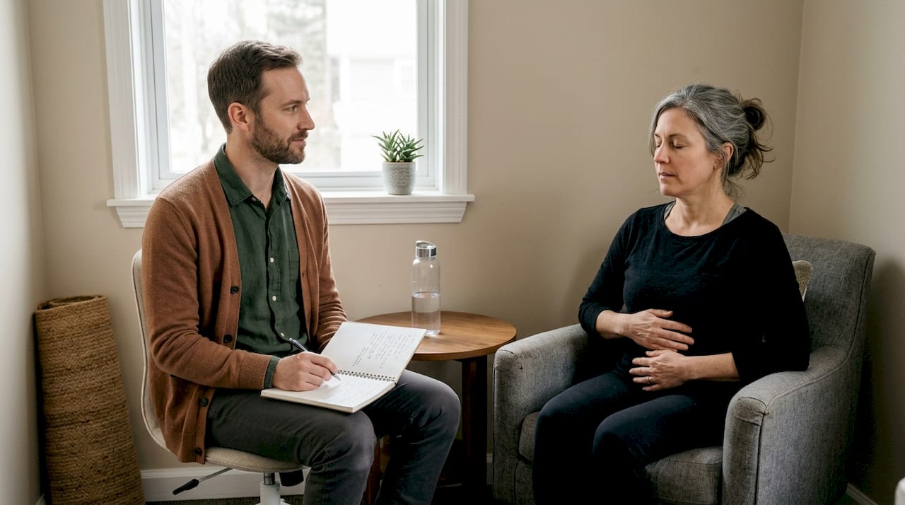 Somatic therapist guiding breathing session