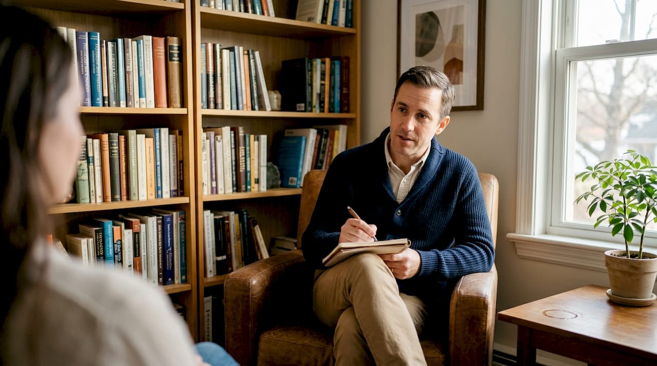 Therapist takes notes during trauma therapy session