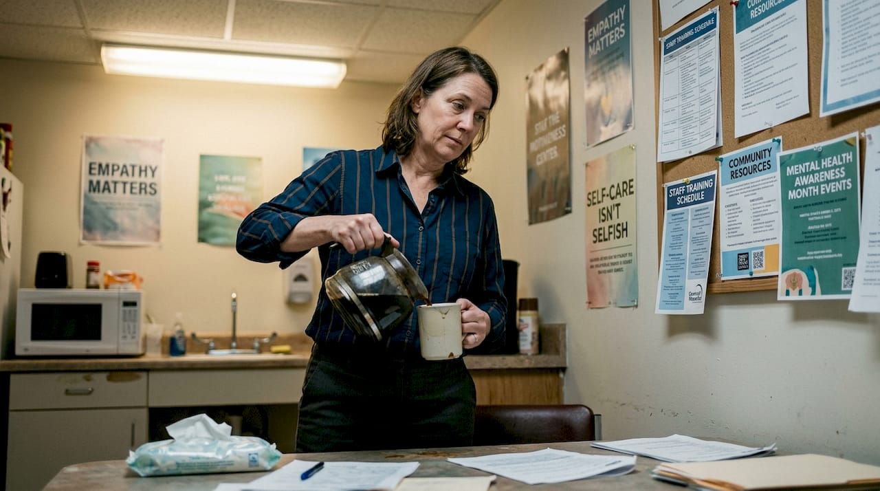 Social worker taking break in clinic room
