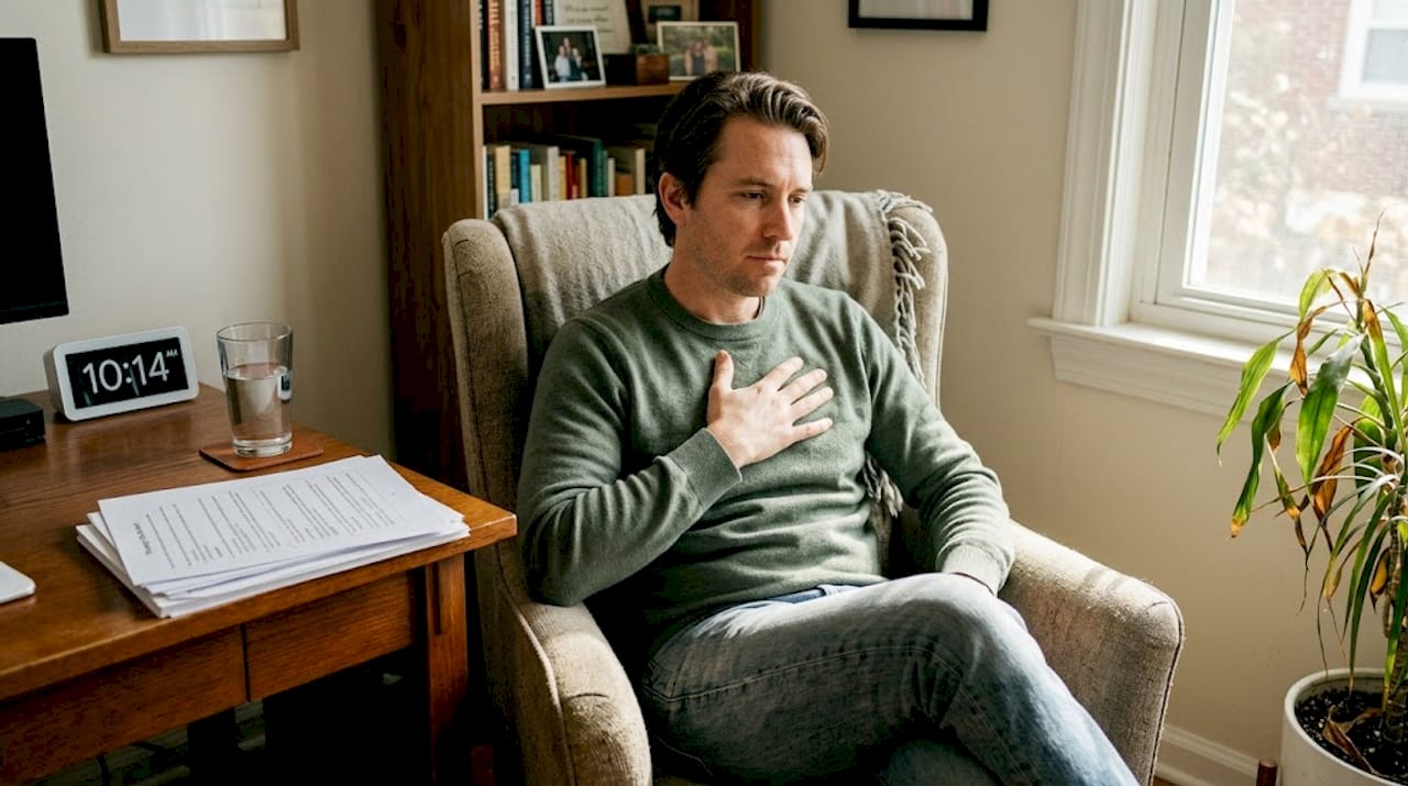 Man practicing body awareness in home office