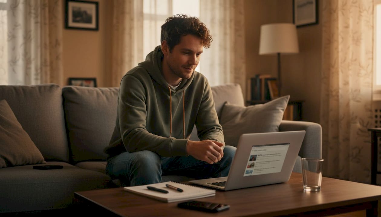 Man researches therapy options at home