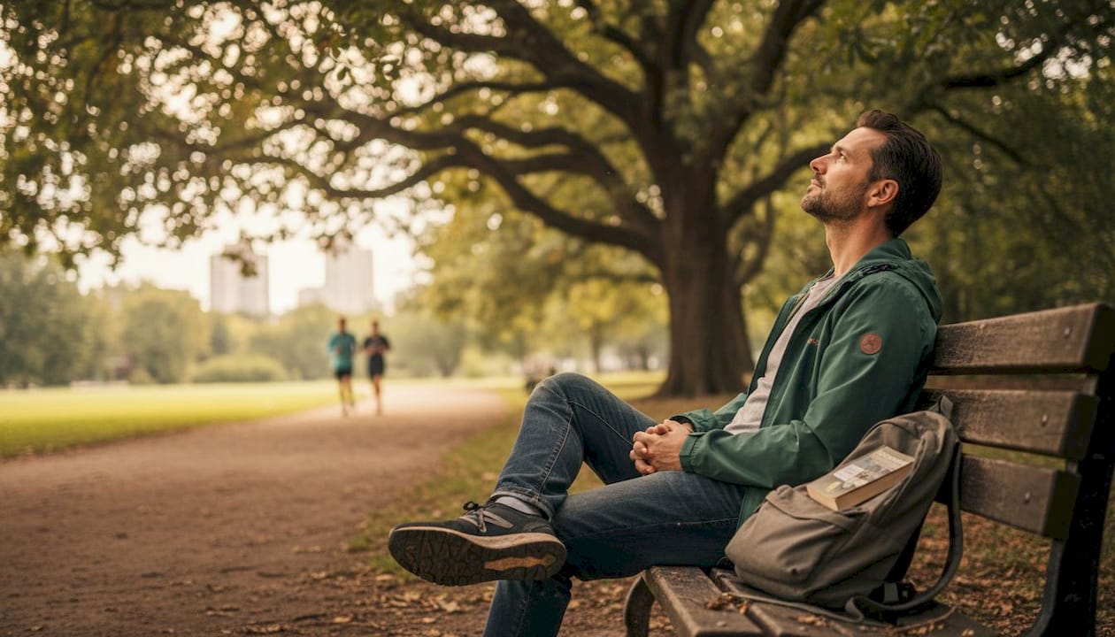 Man reflecting in peaceful park setting